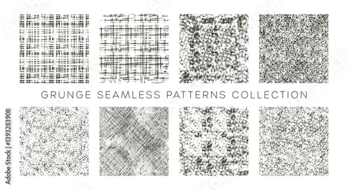 Grunge Seamless Patterns Collection Featuring Eight Unique Textured Designs, Ideal for Modern Artistic Illustrations and Creative Background Uses
