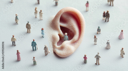 Miniature people gather around a giant ear, symbolizing hearing, awareness, and communication.