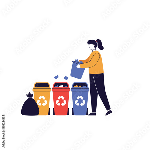 Person sorting waste into colorful recycling bins in flat vector art