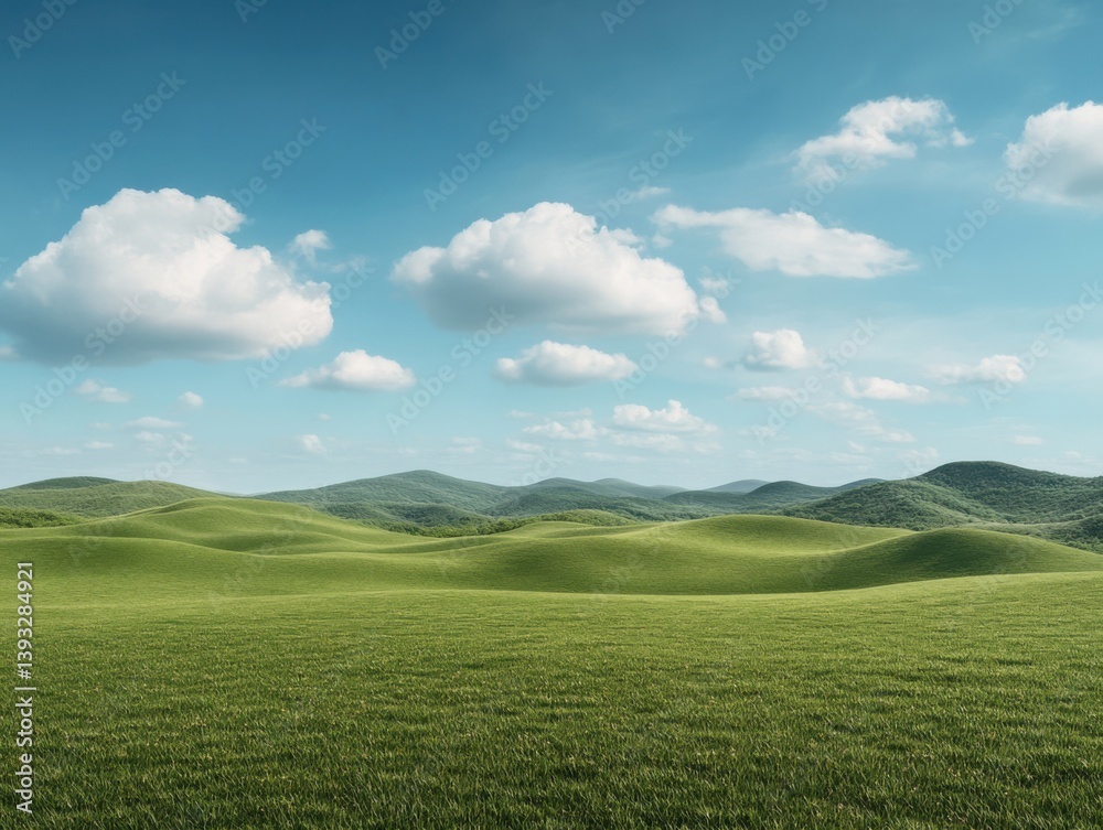 Naklejka premium Rolling green hills under a bright blue sky with fluffy clouds in a peaceful landscape during daytime