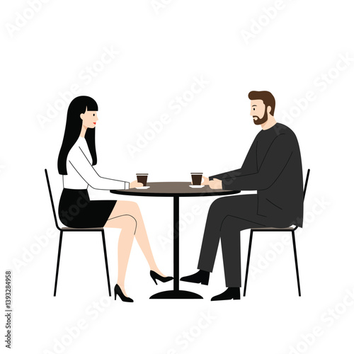 Flat design vector illustration of a man with beard and woman talking over coffee at a table on isolated white background
