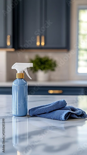 Cleaning supplies are arranged on a shiny kitchen countertop surface