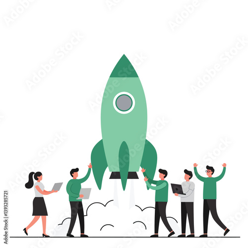 Team celebrating the launch of a rocket in a minimal vector illustration