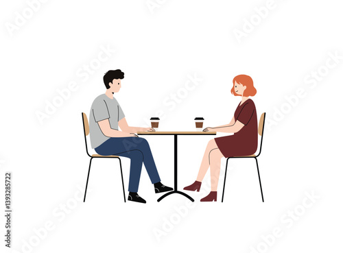 Vector illustration of a man and woman couple sitting at a cafe table talking and drinking coffee on isolated white background