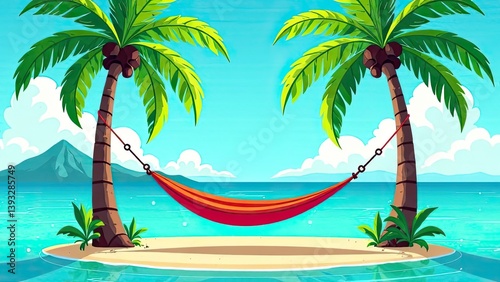 Hanging hammock stretched between two palm trees on a tropical island with white sand beach. Ocean shore pic