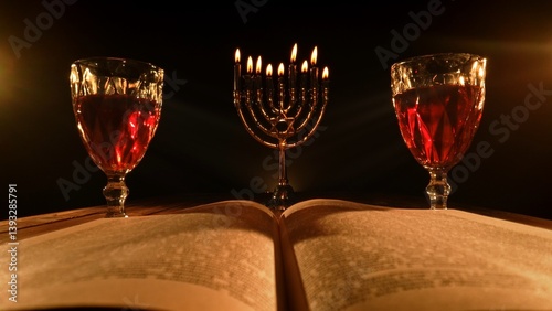 Fotografi Celebrating Hanukkah With a Menorah, Sufganiyah, and Candlelight
