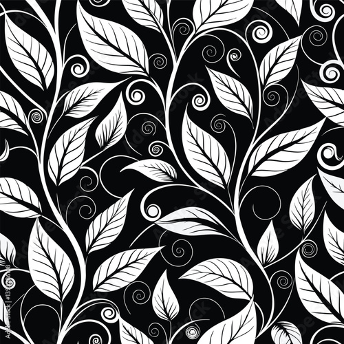 Seamless black floral pattern vector design with ornate leaf swirls and vintage flower elements