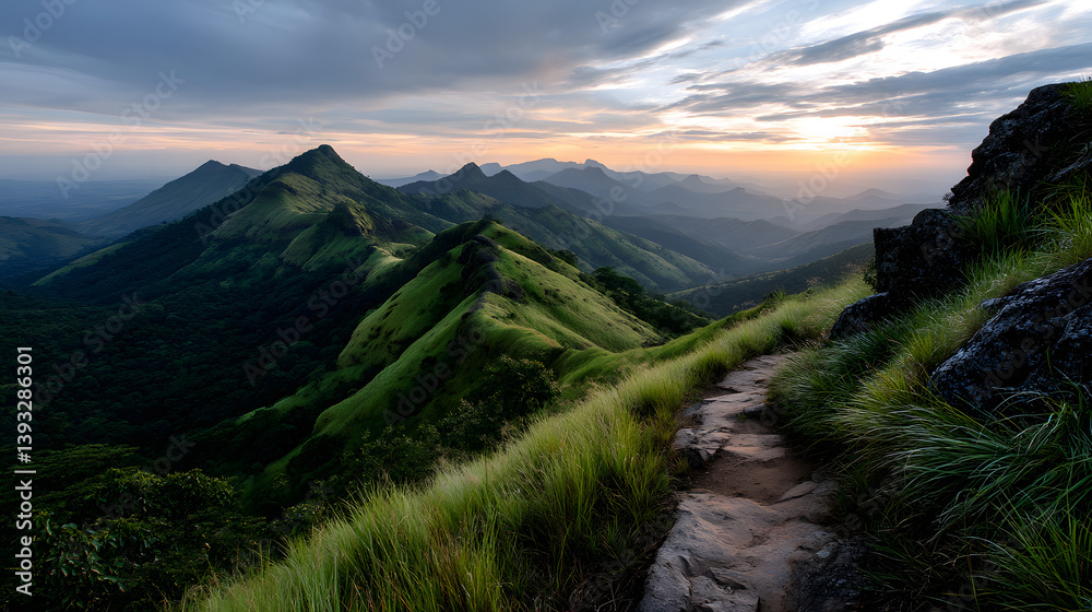 Naklejka premium A scenic hiking trail leading through green hills, with the fading sunlight of sunset casting a soft glow over the landscape and distant mountain ranges on the horizon.