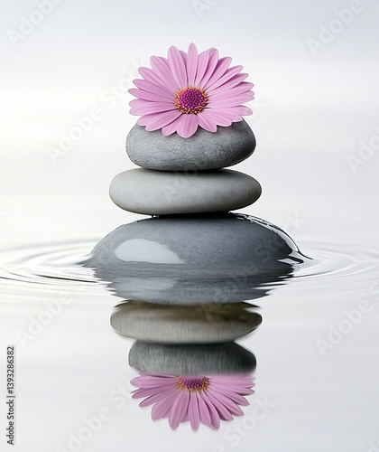 Zen Garden Still Life Pink Daisy on Stacked Stones in Water with Ripples and Reflection for Serenity and Calm : Generative AI