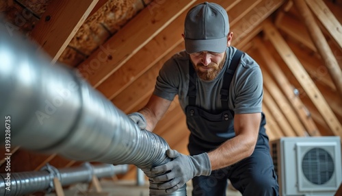 HVAC technician installs ventilation ductwork in residential attic. Man wearing safety hat, gloves at work. Air conditioning maintenance, duct cleaning, inspection. Skilled pro performs home