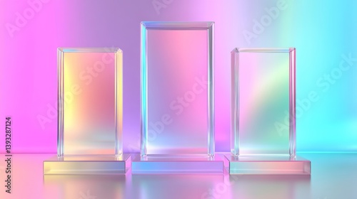 Three iridescent glass podiums on a pastel background.