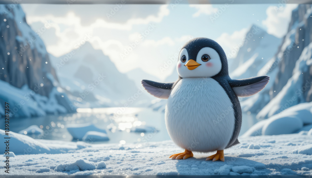 Obraz premium Cute cartoon baby penguin standing on an icy landscape in Antarctica