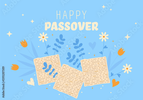 Happy Passover Background. Traditional symbols of Jewish holiday. Matza and flowers. Passover background for holiday