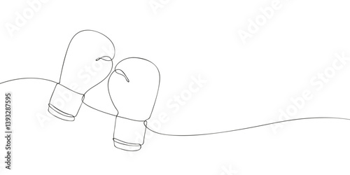 Minimalist one-line drawing of a pair of boxing gloves, symbolizing sports, competition, strength, and training in an abstract artistic style.