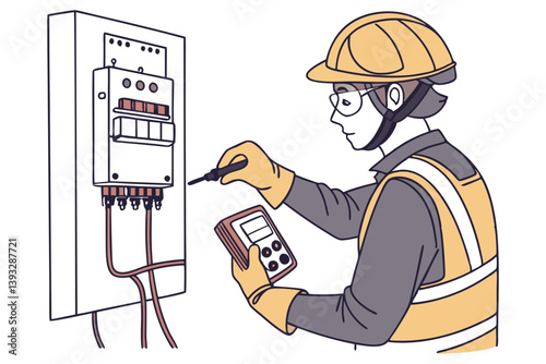 Electrician Inspecting Electrical Panel - Vector Art

