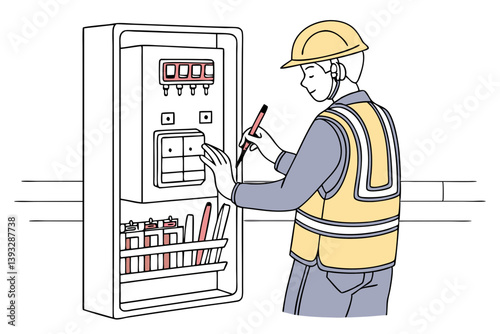 Electrician Inspecting Electrical Panel - Vector Art

