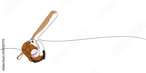 A modern continuous line drawing featuring a baseball bat, glove, and ball, representing the essence of the sport in a minimalist style.