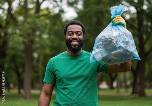 A smiling man holds a full blue trash bag in a park, showing his commitment to cleaning.