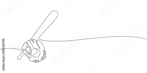 Minimalist one-line drawing of a baseball glove, ball, and bat, showcasing sports equipment in a simple artistic style.