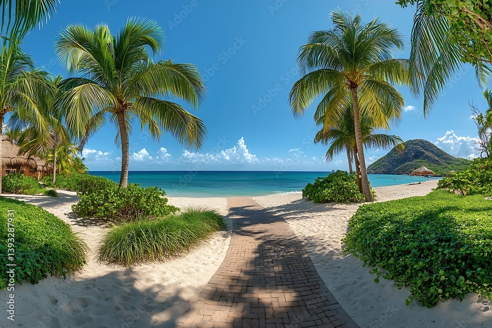 Tropical Paradise Scenic Beach with Palm Trees White Sand Turquoise Sea and Blue Sky Summer Vacation Getaway : Generative AI Tropical Paradise Scenic Beach with Palm Trees White Sand Turquoise Sea and Blue Sky Summer Vacation Getaway : Generative AI