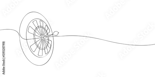 Minimalist one-line illustration of a dartboard with a dart hitting the bullseye, showcasing precision and accuracy in sports.