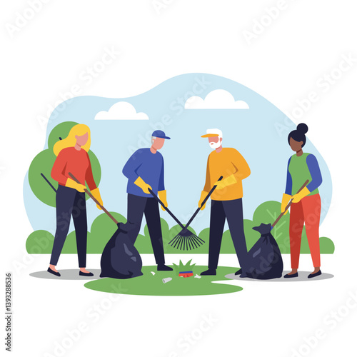Community members participating in outdoor cleanup activity in flat vector art