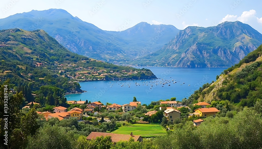 Fototapeta premium Scenic view of a coastal town nestled beside a serene lake