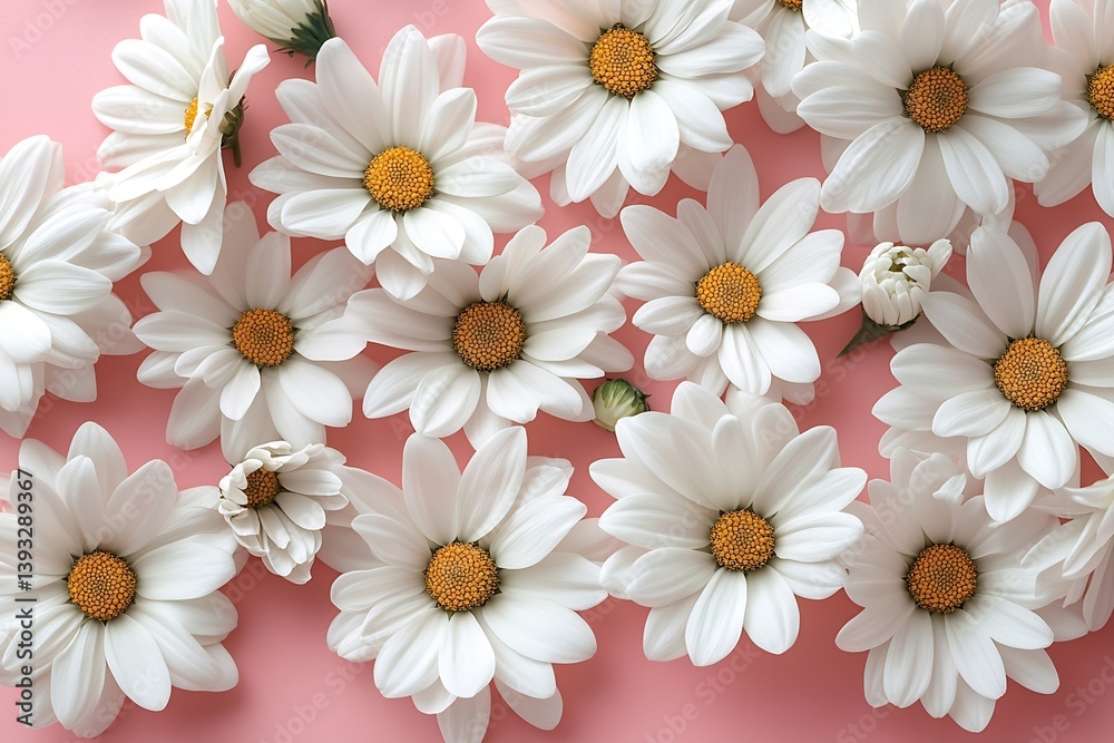 Fototapeta premium Daisy Flower Flat Lay on Pink Background Floral Arrangement Stunning Spring Bloom Fresh Cut Daisies Nature Inspired Art : Generative AI