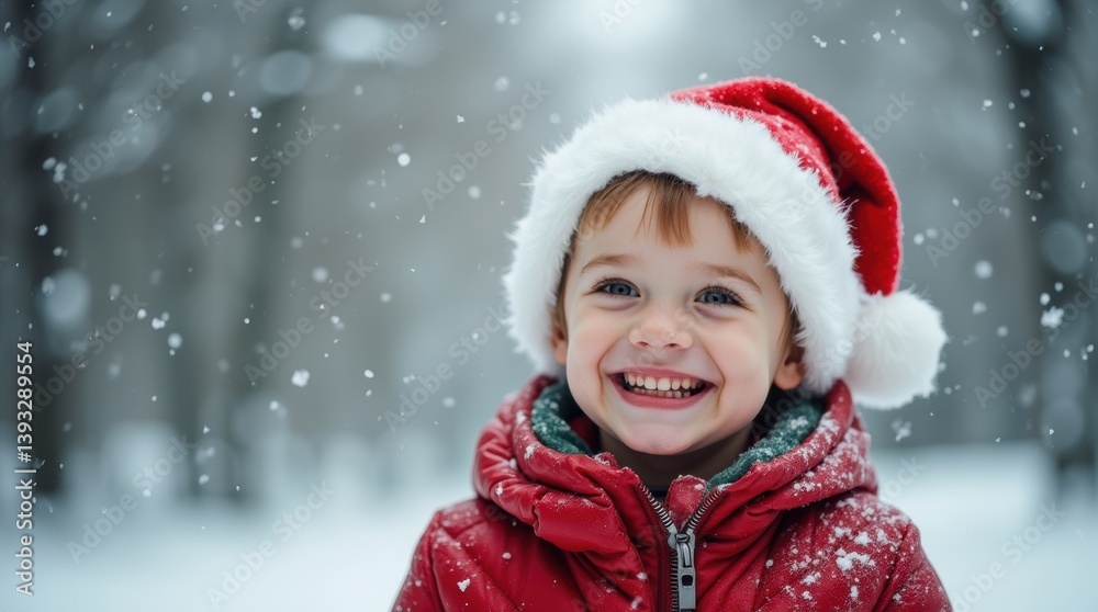 A cheerful child wearing a bright Santa hat, smiling joyfully against a snowy winter backdrop, with snowflakes gently falling around them A cheerful child wearing a bright Santa hat, smiling joyfully against a snowy winter backdrop, with snowflakes gently falling around them