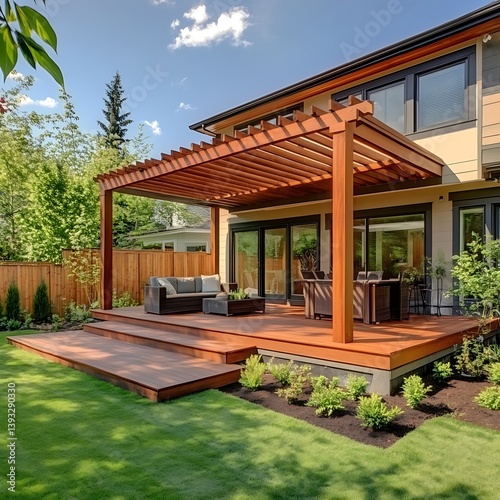 A beautiful outdoor deck with a wooden pergola and furniture
