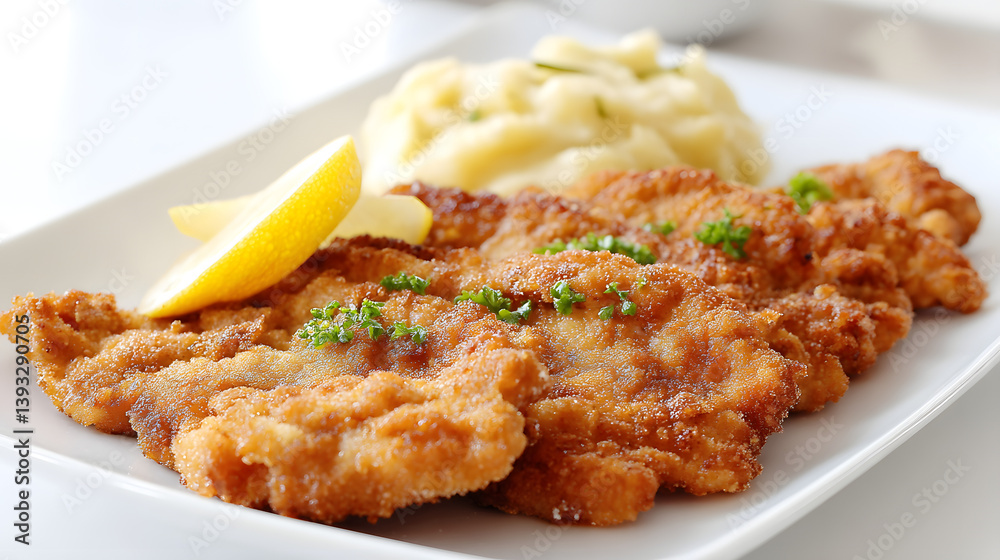 Delicious Slovak Breaded Pork Schnitzel Served with Mashed Potatoes and Lemon Garnish on a White Plate Delicious Slovak Breaded Pork Schnitzel Served with Mashed Potatoes and Lemon Garnish on a White Plate