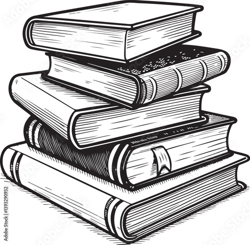 Stack of Books Reading Library Studying Black and White Vector Illustration, Sketch Drawing Line Linear Symbol Icon Engraving, Hand-drawn Isolated