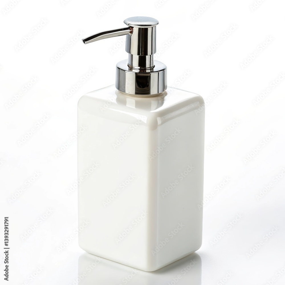 Rectangular white pump bottle with chrome dispenser on white background