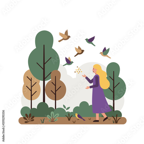 Woman feeding birds in a serene forest setting, flat vector art