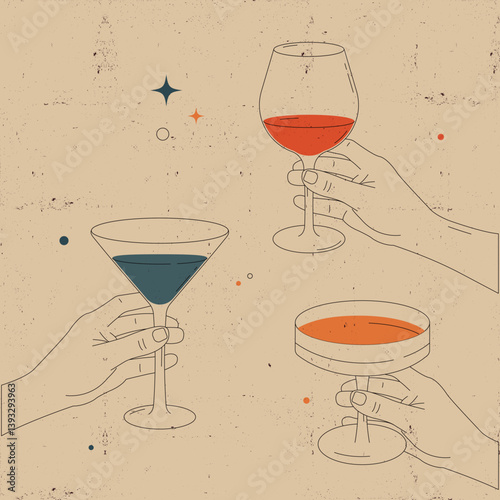 Minimalist illustration of hands holding different cocktail and wine glasses, drawn in vintage style on textured beige background. Retro festive drink concept.
