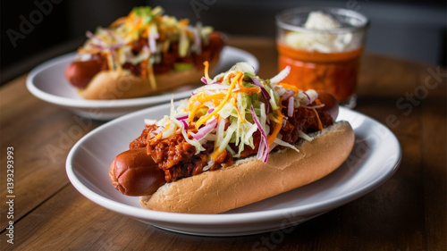 Carolina style hot dog - Hot dog topped with chili, slaw, onions, and mustard.