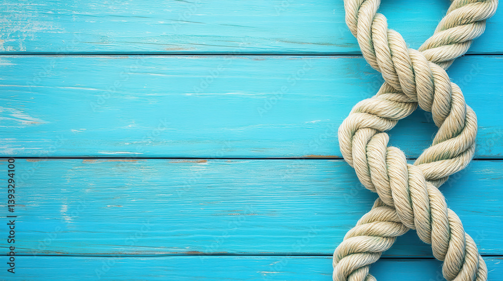 Obraz premium A thick, natural-colored rope is knotted and laid against a vibrant turquoise wooden surface. The contrasting colors create a serene and calming atmosphere, enhancing the texture of the rope