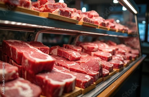 Assortment of raw meat in butcher shop display. Various cuts beef, pork, steaks. Showcase fresh grocery products, premium food. Butcher shop interior retail.