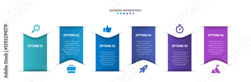 Horizontal progress bar featuring 6 arrow-shaped elements, symbolizing the six stages of business strategy and progression. Clean timeline infographic design template. Vector for presentation