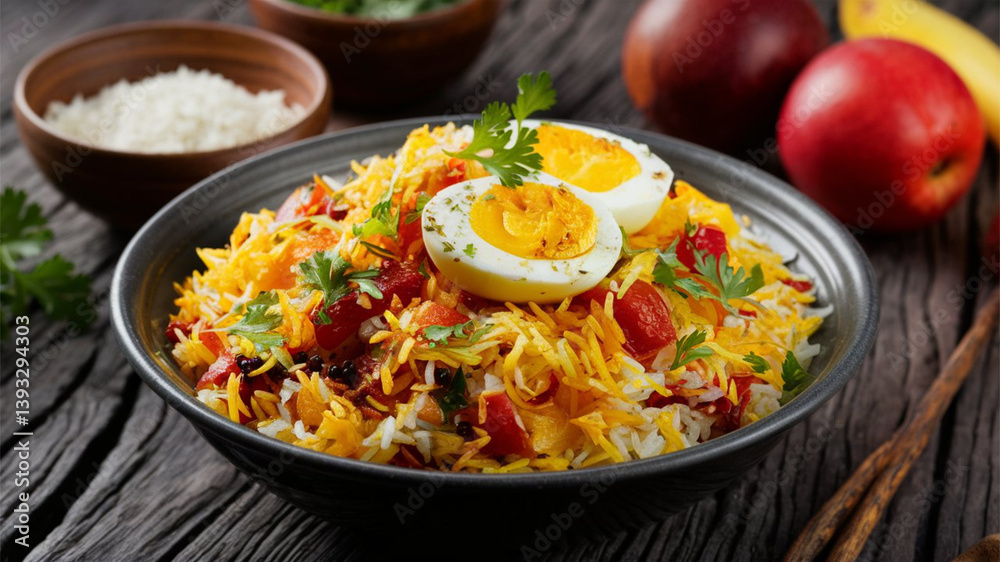 Egg Biryani - Fragrant rice dish with spiced chop eggs and herbs. Egg Biryani - Fragrant rice dish with spiced chop eggs and herbs.