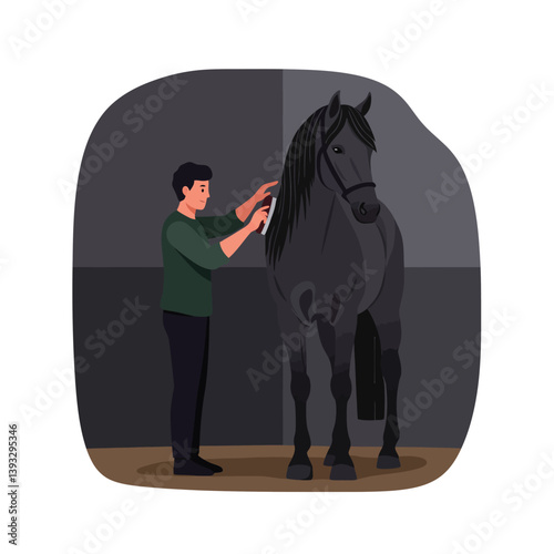 Person grooming a black horse in flat and minimal vector art
