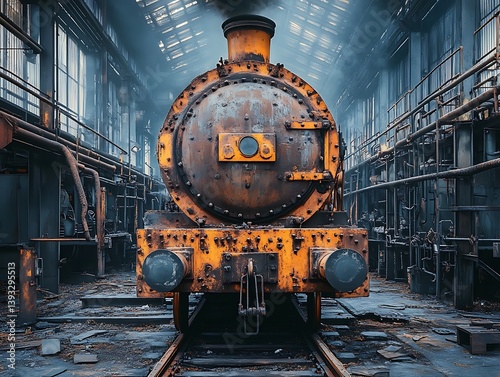 An old rusty locomotive sitting inside a large industrial building