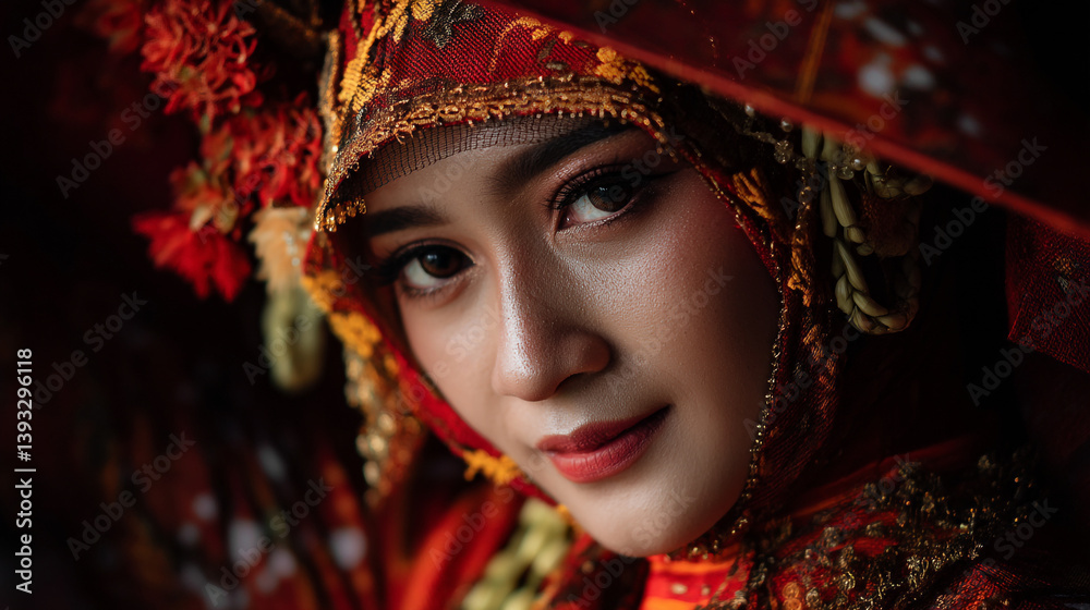 Portrait of a woman in traditional attire with red and gold headdress and makeup looking at the camera Portrait of a woman in traditional attire with red and gold headdress and makeup looking at the camera