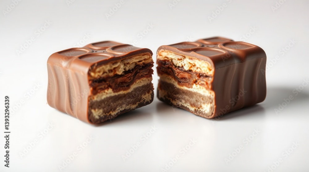 Two halves of a chocolate bar with layered filling, showcasing its layers and enticing flavors. Two halves of a chocolate bar with layered filling, showcasing its layers and enticing flavors.
