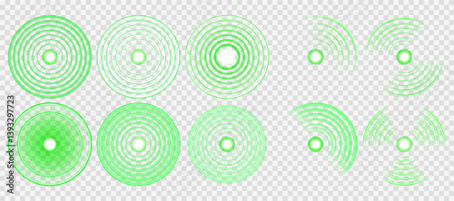 Green Wi-Fi signal glows softly, forming radial digital waves. RFID pulse effect radiates from central tech antenna point. Neon radar icon pulses smoothly in futuristic screen layout.