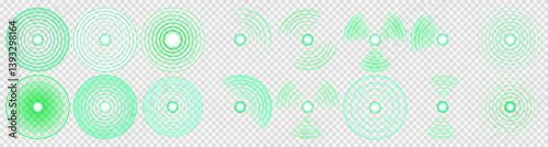 Wireless green icon pulses softly with radiant signal spread. Radial wave effect creates tech-inspired glowing animations. Neon light ripples simulate RFID or vibration frequencies. Green radar glow