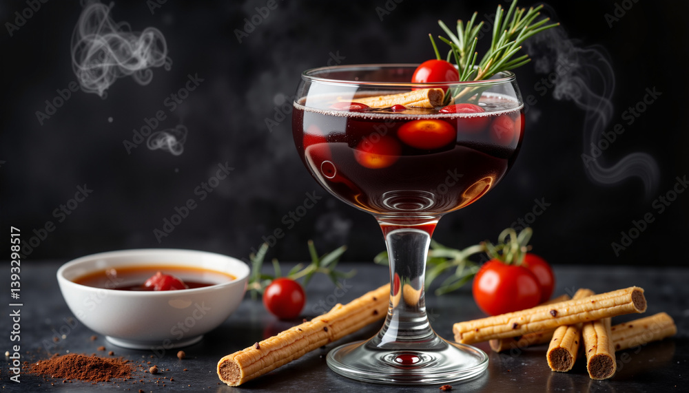 Fototapeta premium Delicious mulled wine with spices on dark background, winter indulgence