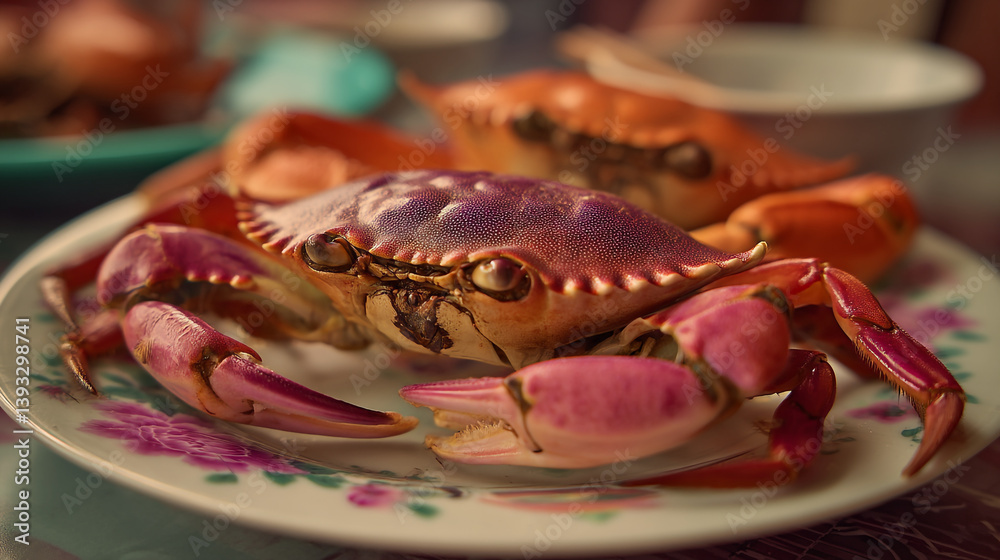 Close up of two cooked crabs on a floral plate ready to be eaten as a delicious seafood meal Close up of two cooked crabs on a floral plate ready to be eaten as a delicious seafood meal