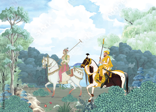 Traditional Mughal emperor riding a horse in a garden with peacock and tree illustration. Indian miniature painting,  painted on a wall.