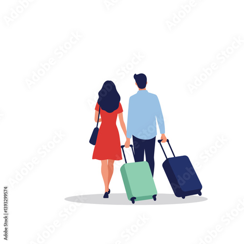 Couple holding hands with suitcases in flat vector art style